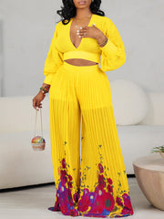 Puff Sleeves Pleat Wide leg Pants Suit