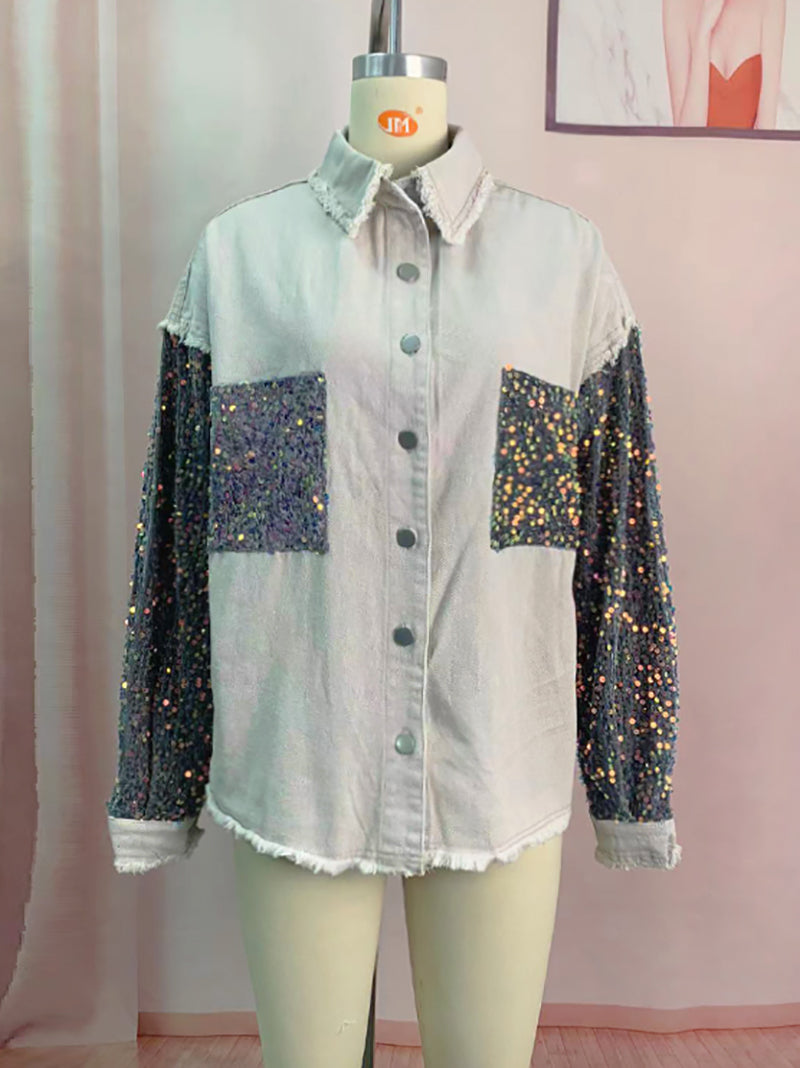 Fashion Sequin Patchwork Denim Jacket