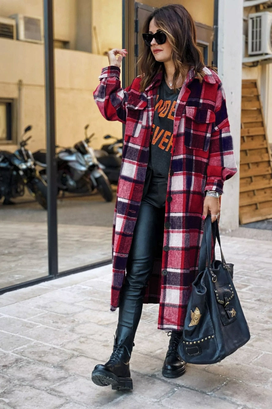 Flannel Shacket Plaid Jacket Maxi Length Coats