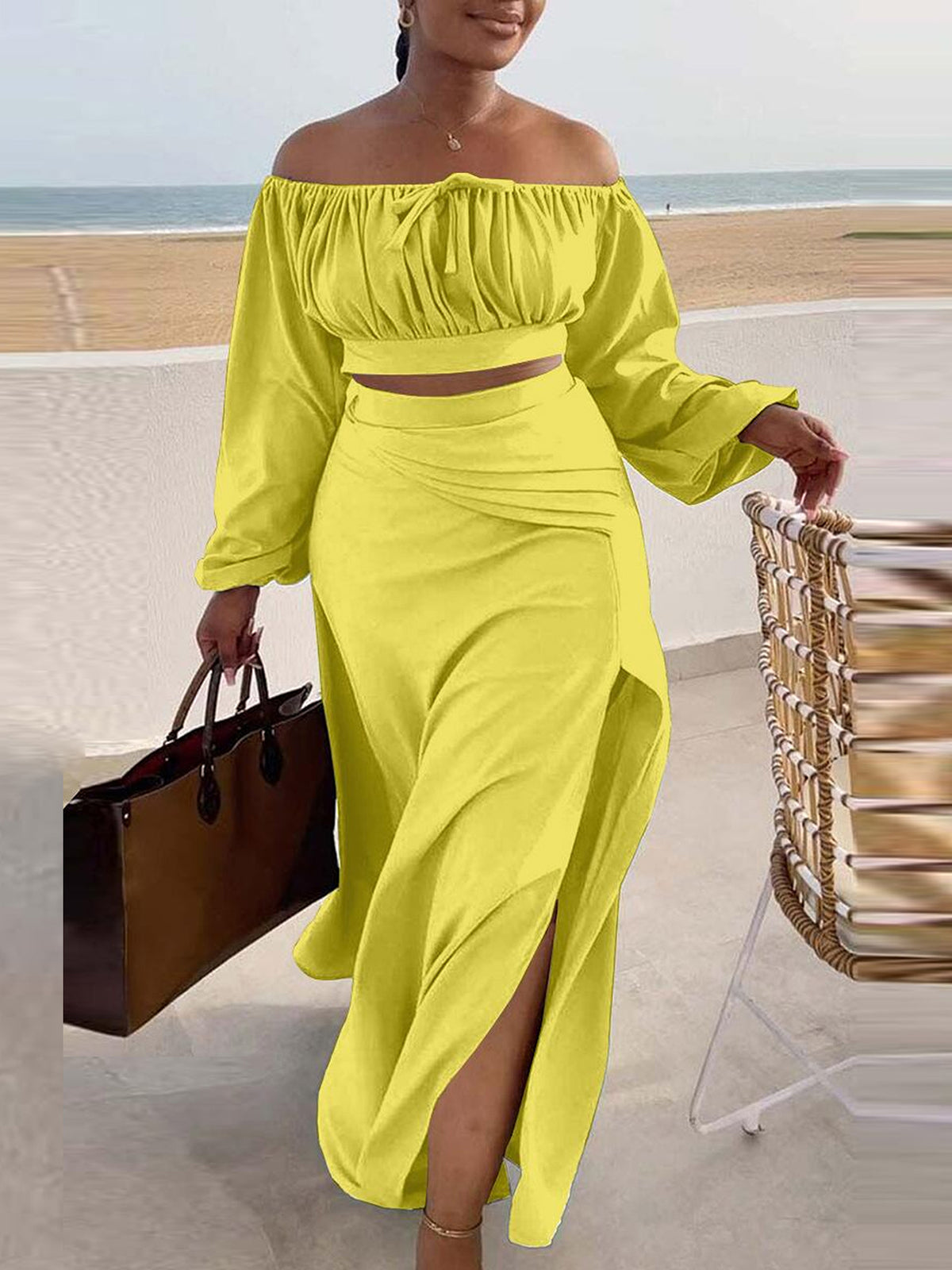 Off Shoulder Top Slit Skirt Casual Suit