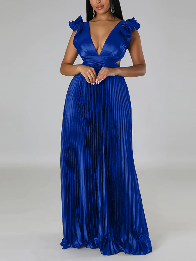 Deep V Backless Slim Pleated Dress