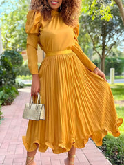 Long Sleeve Top Pleated Skirt Suit