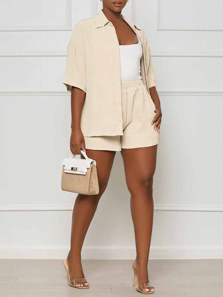 Solid Color Blouse Shorts Casual Set