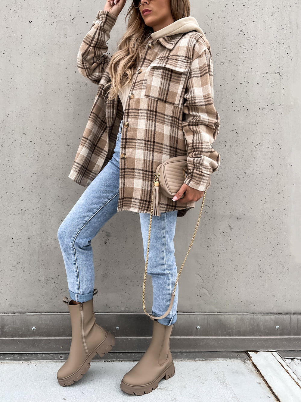 Fashion Detachable Hooded Plaid Coat