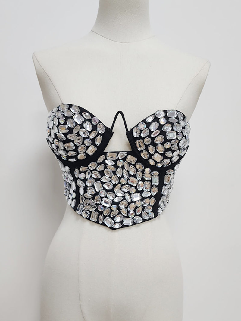 Sexy Rhinestone Strapless Crop Top