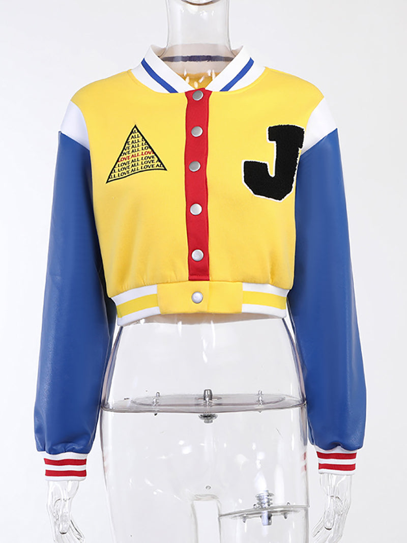 PU Leather Patchwork Baseball Jacket