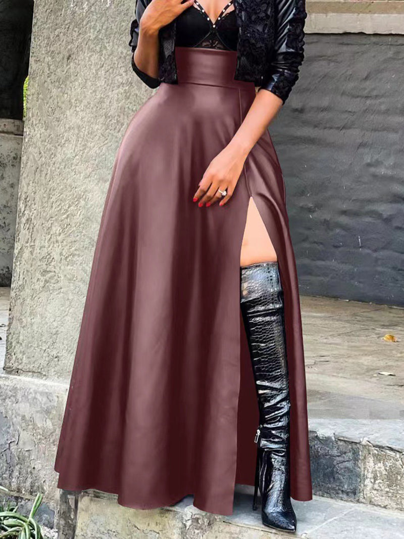 Fashion PU Leather Slit Slim-Fit Midi Skirts