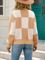 Round Neck Checkerboard Plaid Knit Sweater