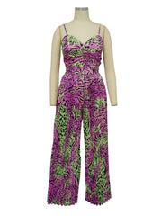 Print Suspenders Pleat Wide leg Jumpsuit