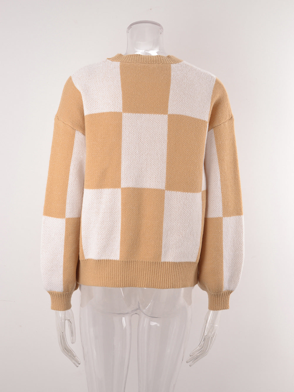 Round Neck Checkerboard Plaid Knit Sweater