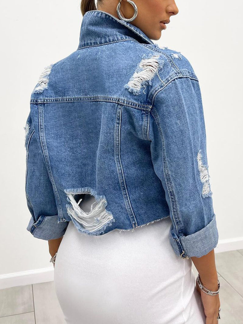 Casual Ripped Denim Cropped Jacket