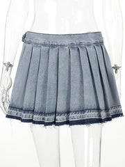 High Waist Denim Pleated Skirt