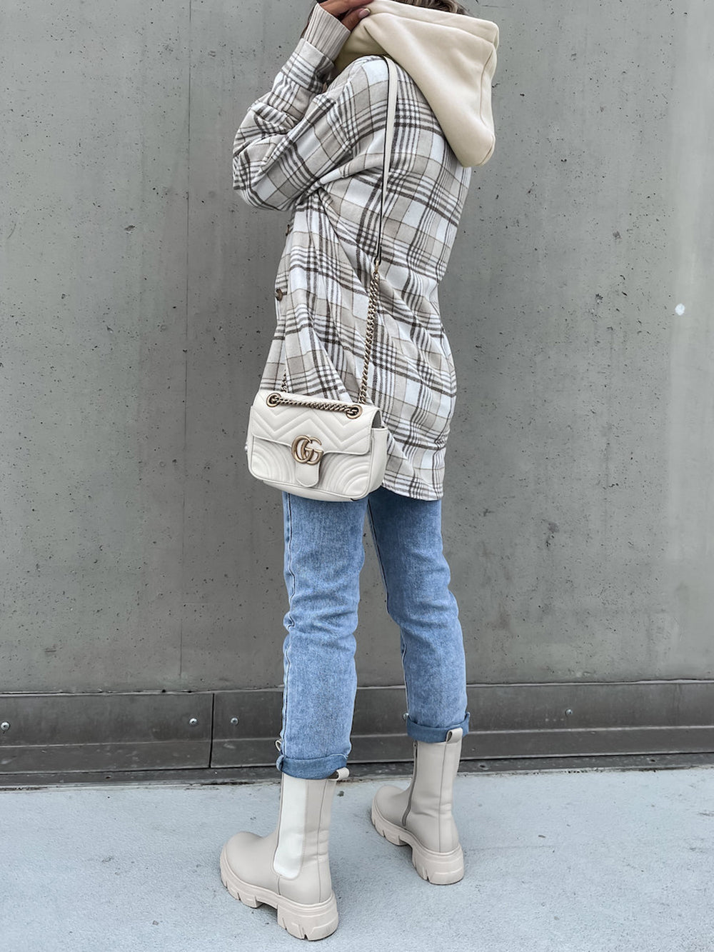 Fashion Detachable Hooded Plaid Coat