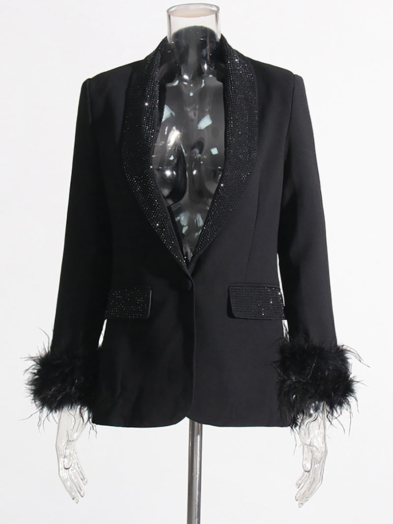 Fashion Rhinestone Feather Blazer Coat