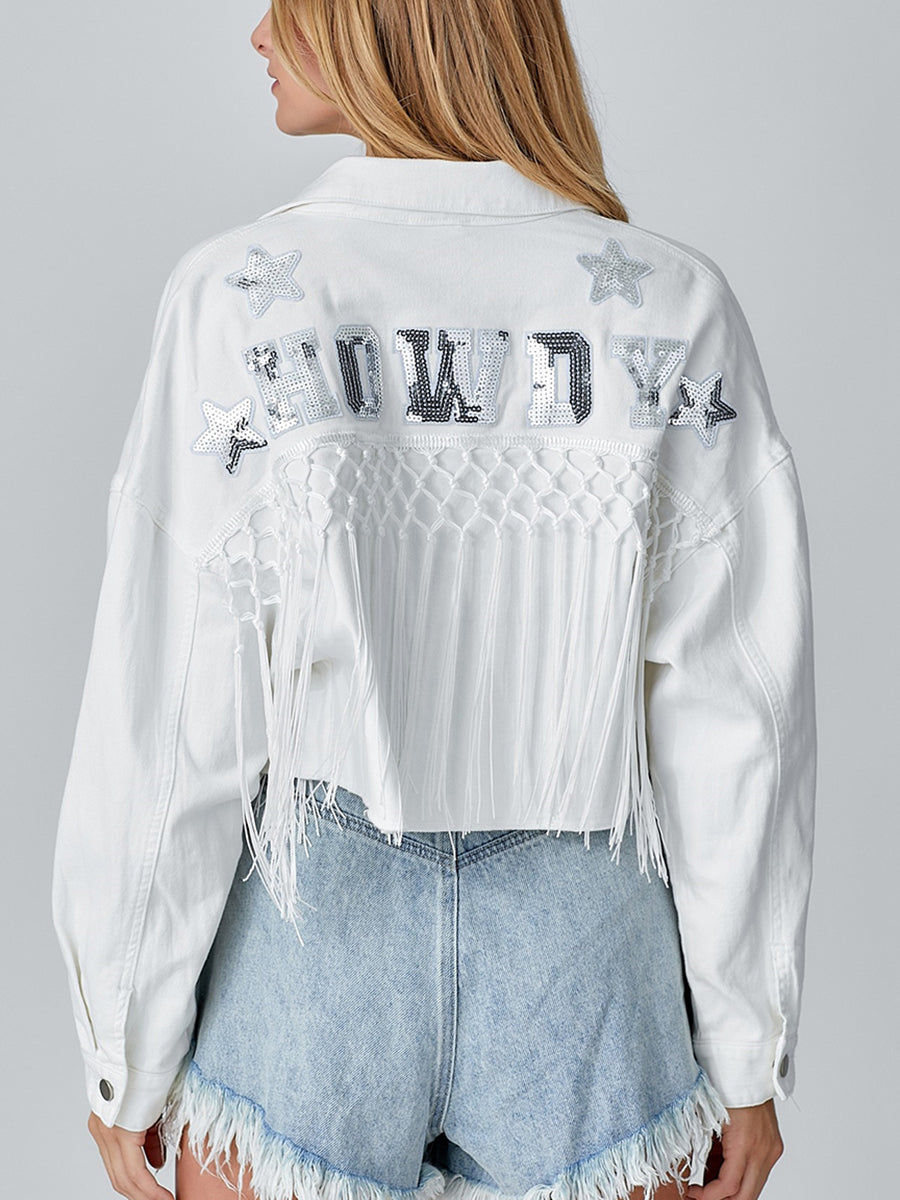 Tassels Sequin Cropped Denim Jacket