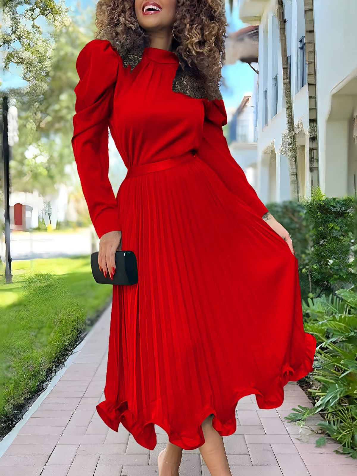 Long Sleeve Top Pleated Skirt Suit