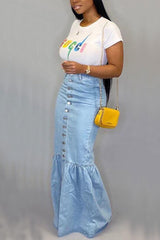 Mermaid Button Denim Long Skirt