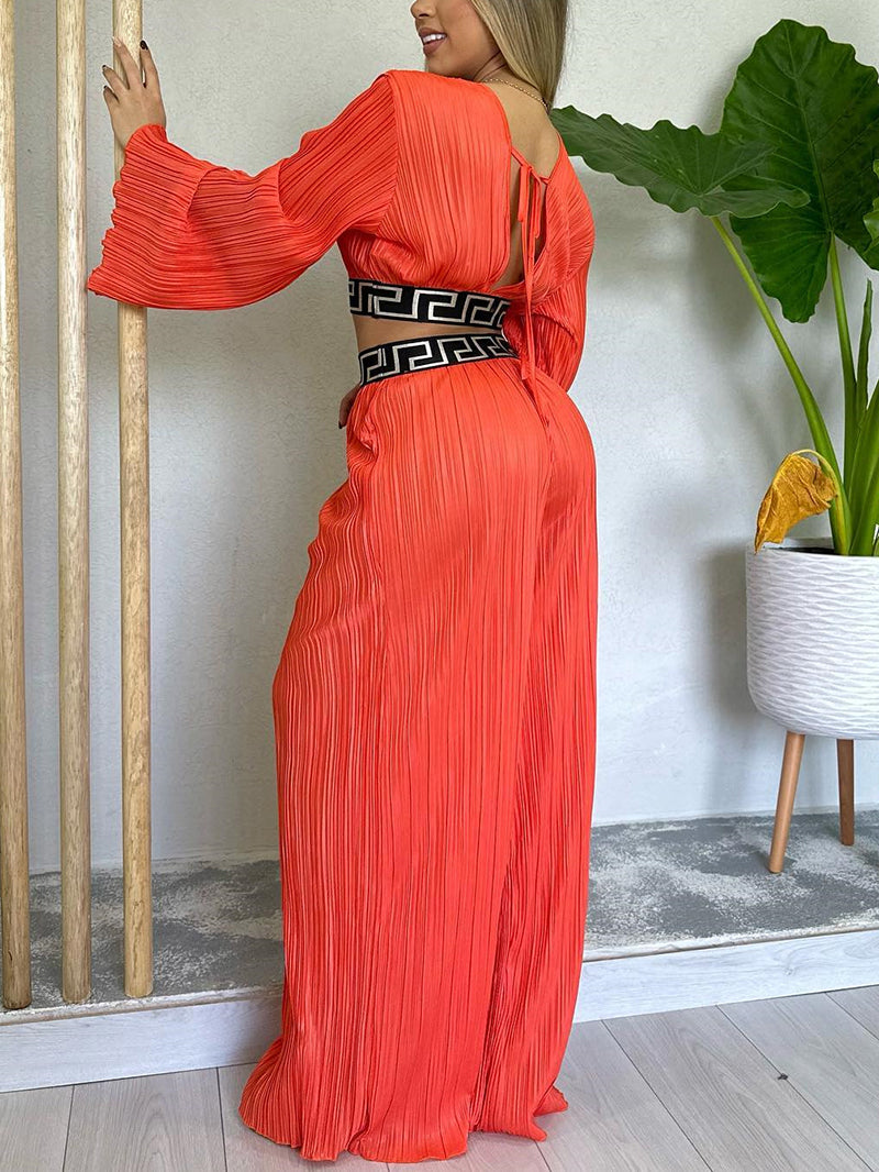 V Neck Top Wide leg Pants Casual Suit