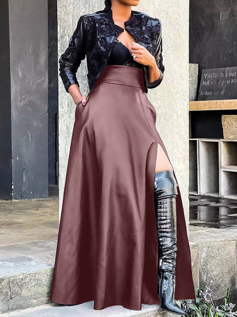 Fashion PU Leather Slit Slim-Fit Midi Skirts