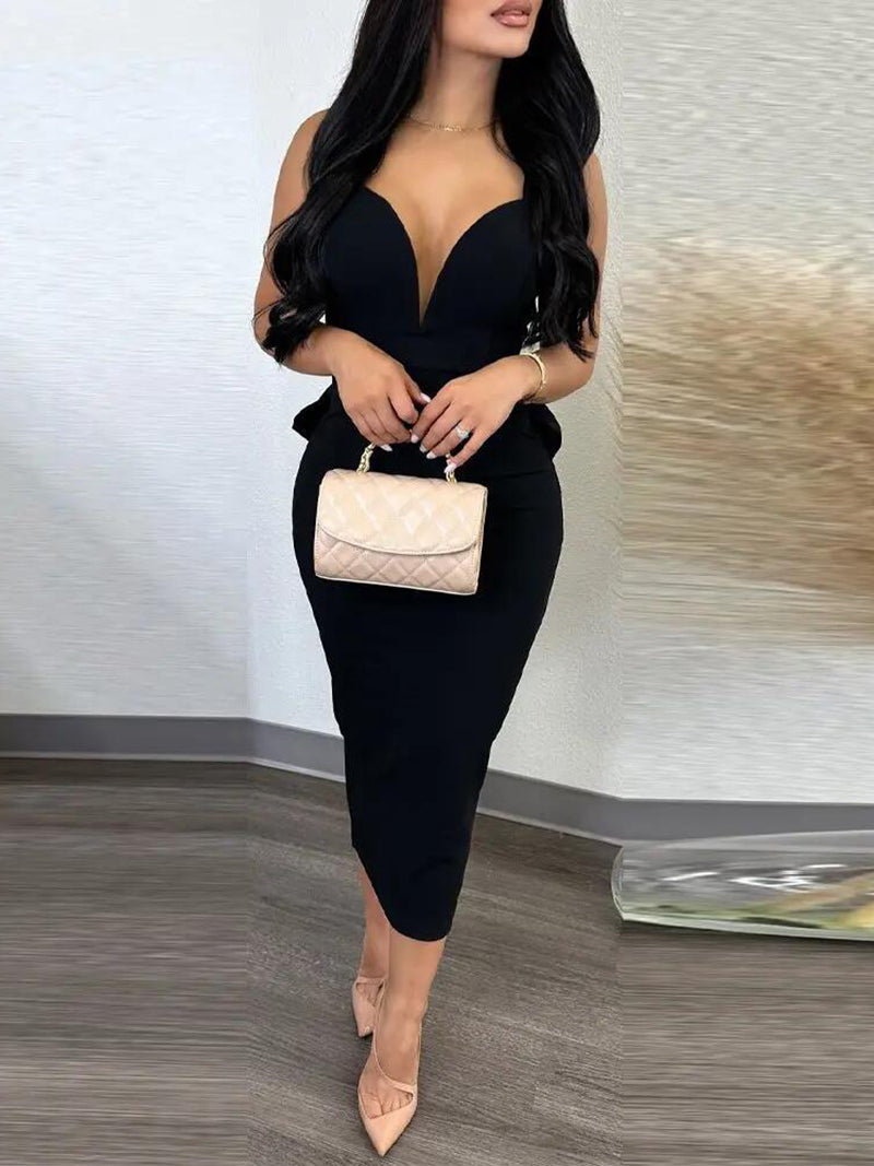 Sexy Deep V Backless Bow Slit Dress