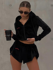 Velour Hoodie Top Shorts Suit