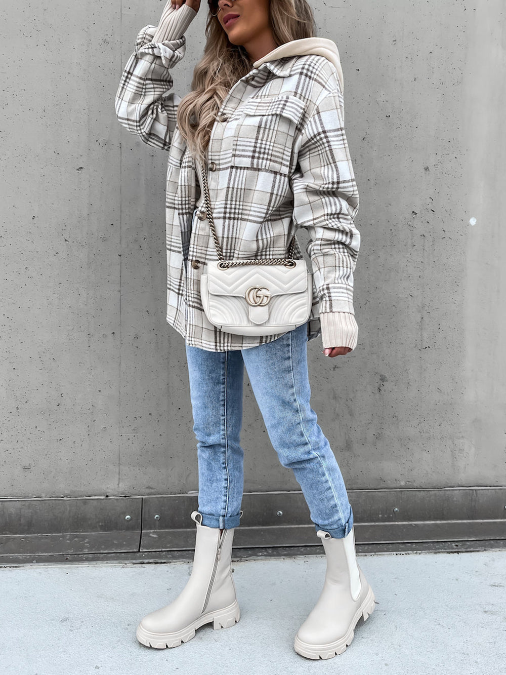 Fashion Detachable Hooded Plaid Coat