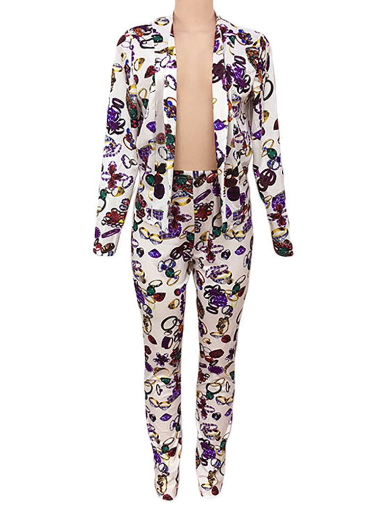 Print Cardigan Trousers Suit