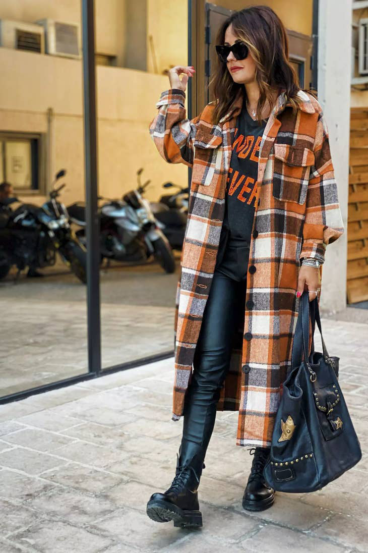 Flannel Shacket Plaid Jacket Maxi Length Coats