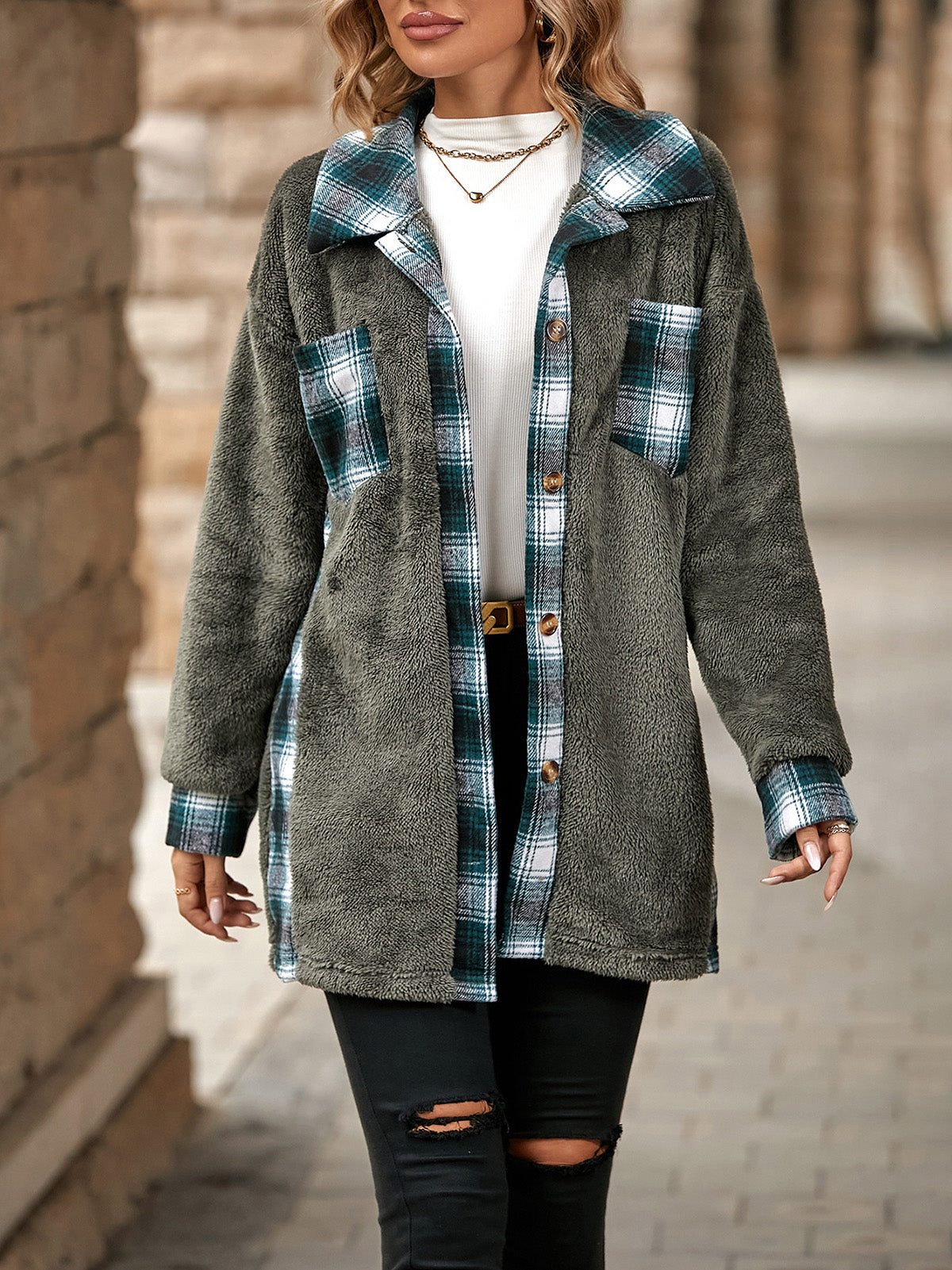 Single-breasted Plaid Jacket Coat