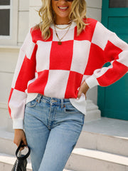 Round Neck Checkerboard Plaid Knit Sweater