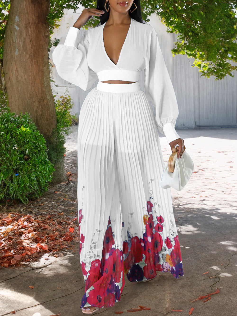 V-neck Pleated Print Wide-leg Pants Set