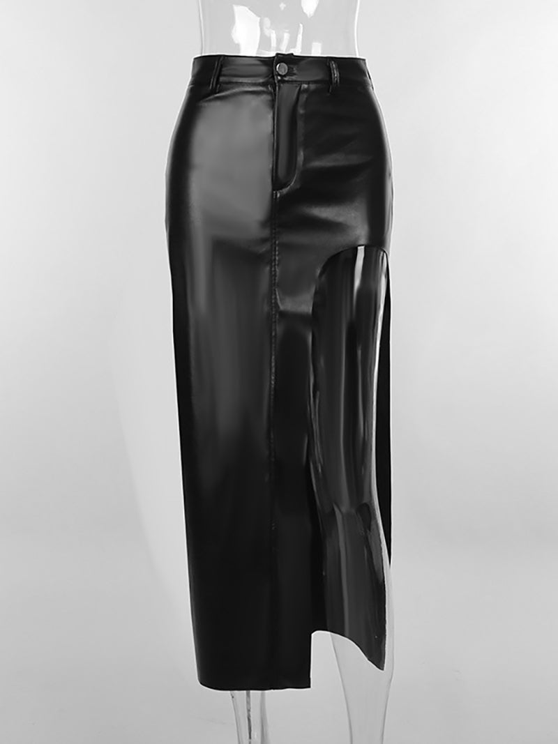 PU Leather High Slit Skirt