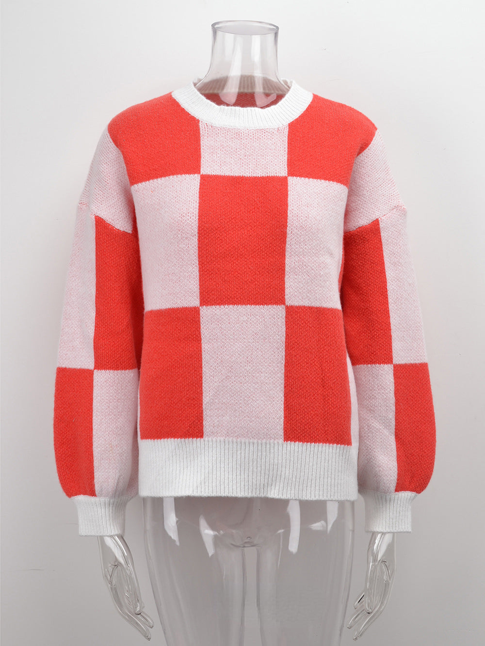 Round Neck Checkerboard Plaid Knit Sweater