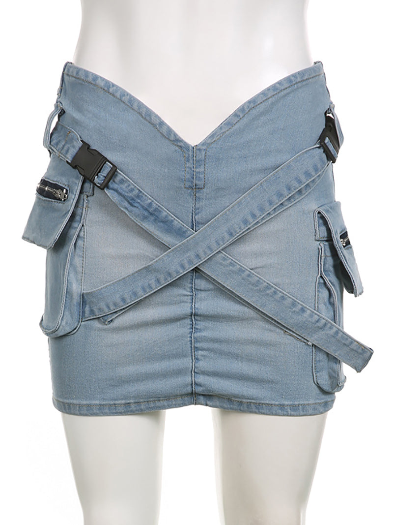 Cross Wrap Hip Denim Skirts