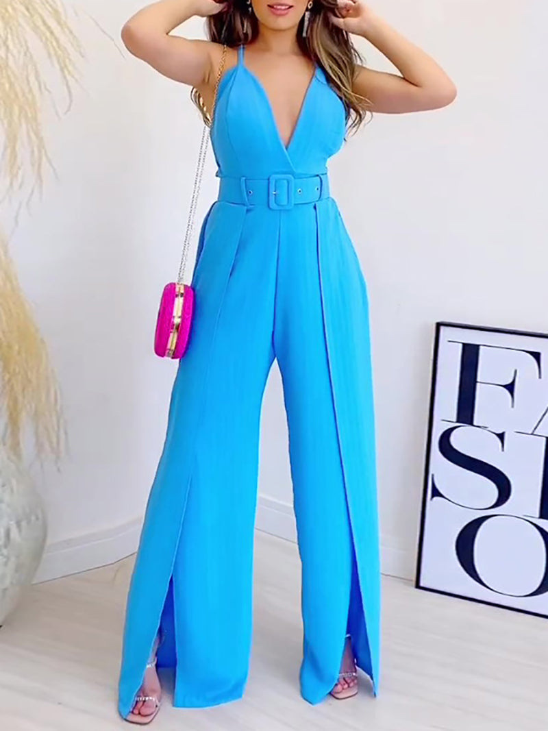 V-neck Slit Wide Leg Jumpsuit