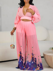 Puff Sleeves Pleat Wide leg Pants Suit