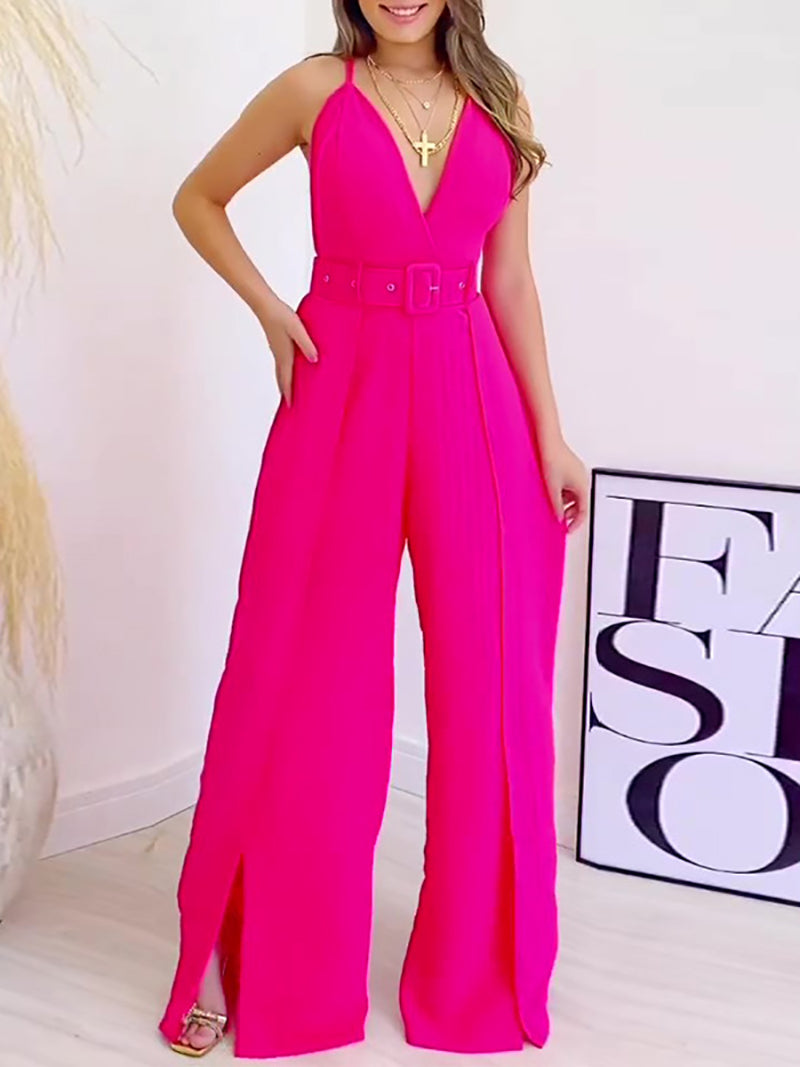 V-neck Slit Wide Leg Jumpsuit