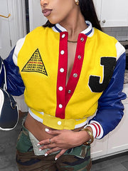 PU Leather Patchwork Baseball Jacket