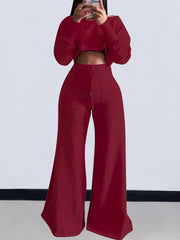 Casual Crop Top Wide Leg Pants Suit