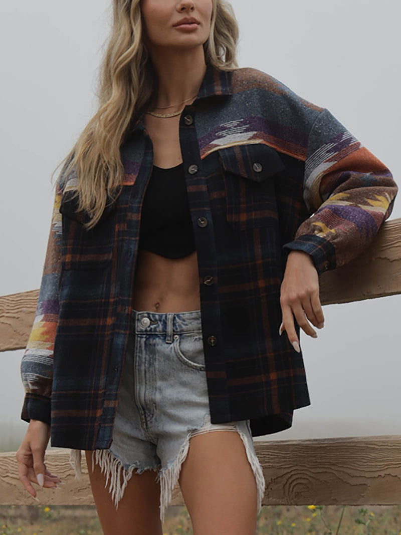 Fashion Aztec Print Plaid Jacket Coat