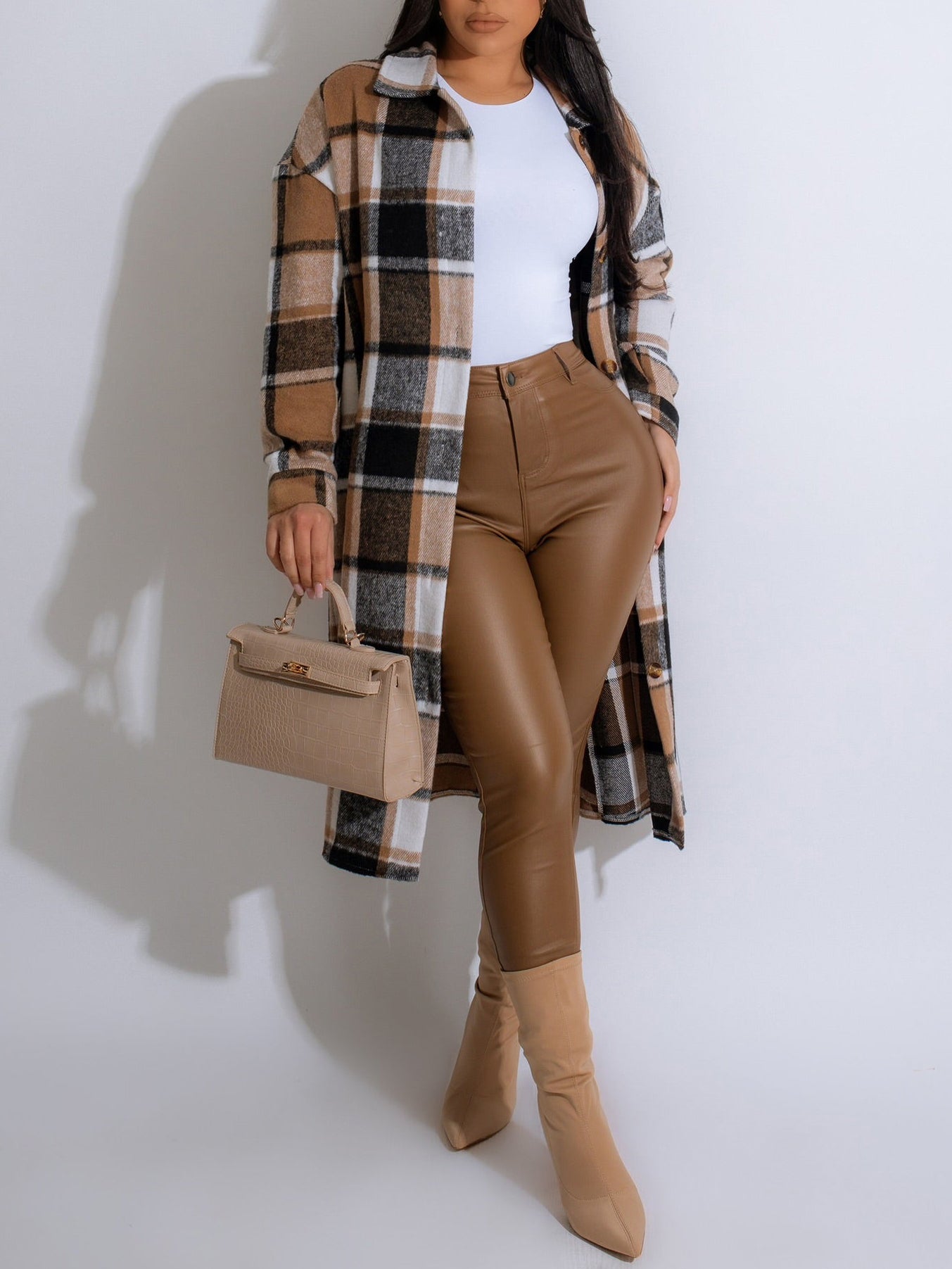 Flannel Shacket Plaid Jacket Maxi Length Coats