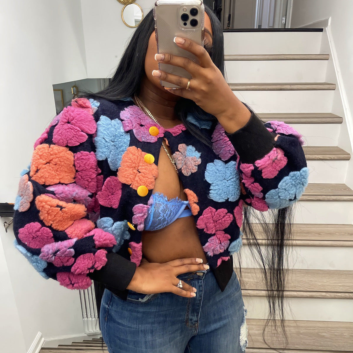 Retro Solid Flowers Cardigan Jacket Coat