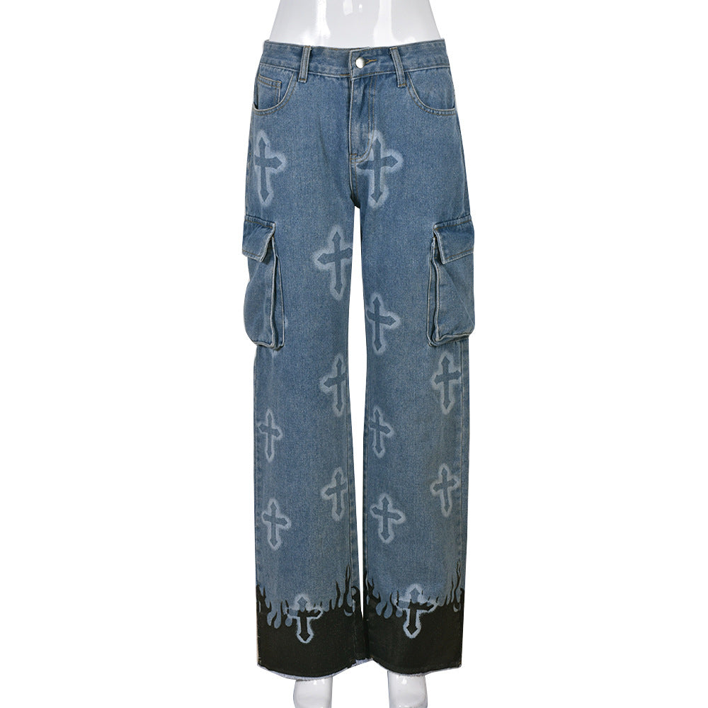 Casual Print Straight Jeans