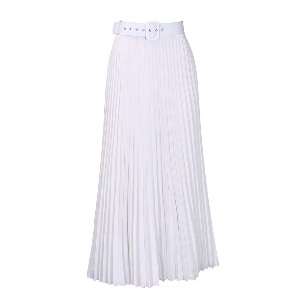 Solid Color Girdle Pleated Skirt