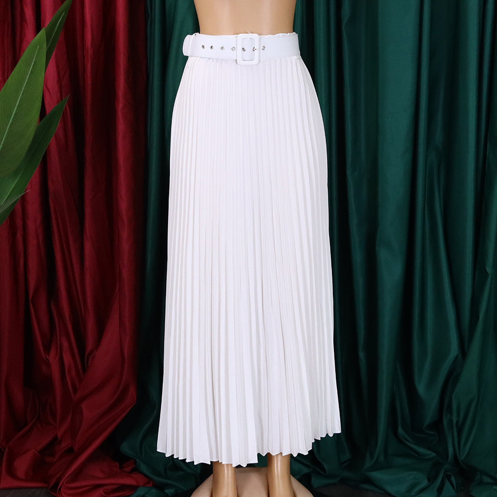 Solid Color Girdle Pleated Skirt