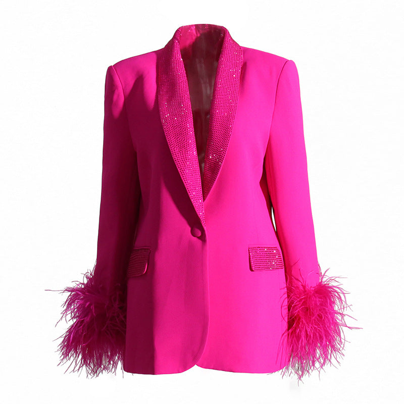 Fashion Rhinestone Feather Blazer Coat