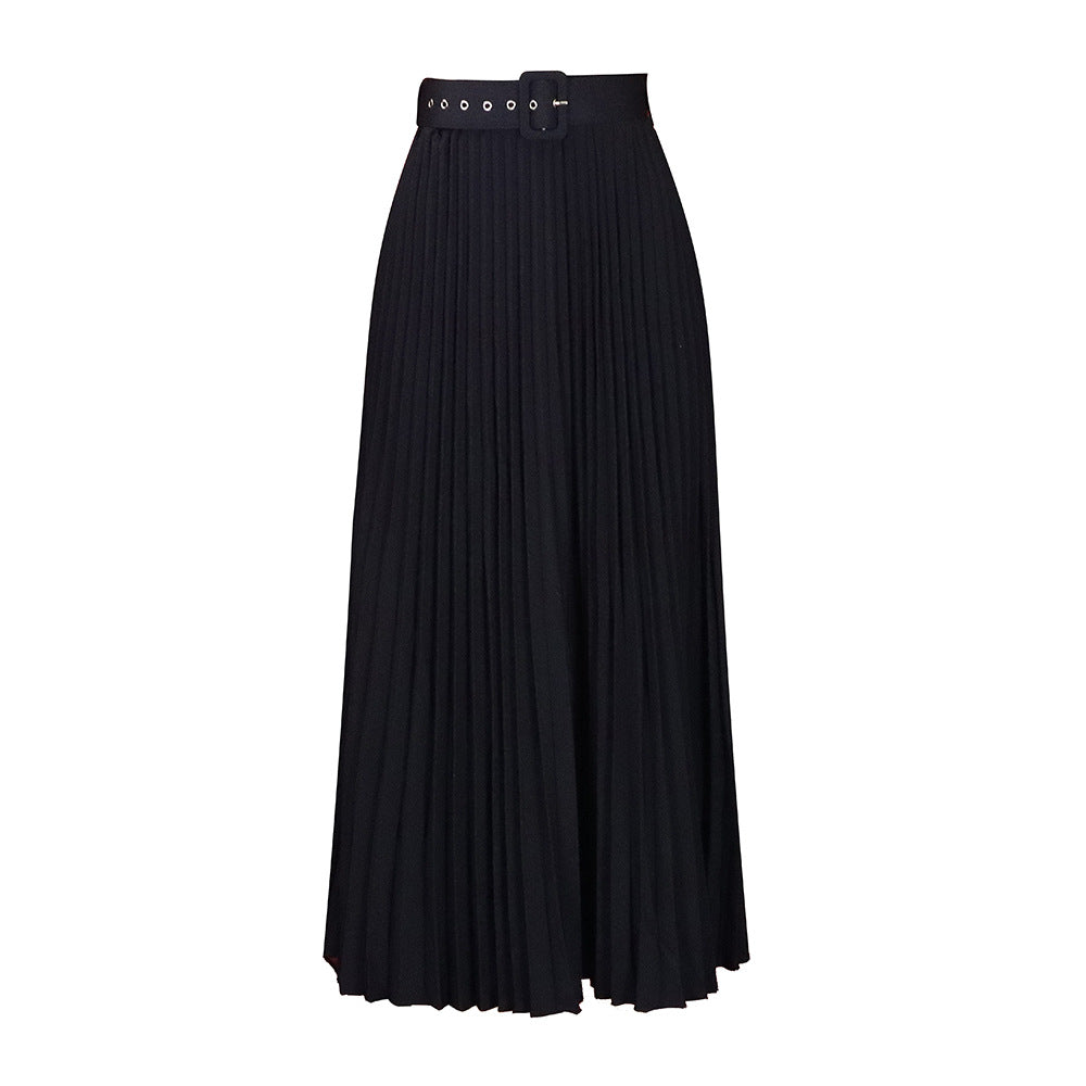 Solid Color Girdle Pleated Skirt