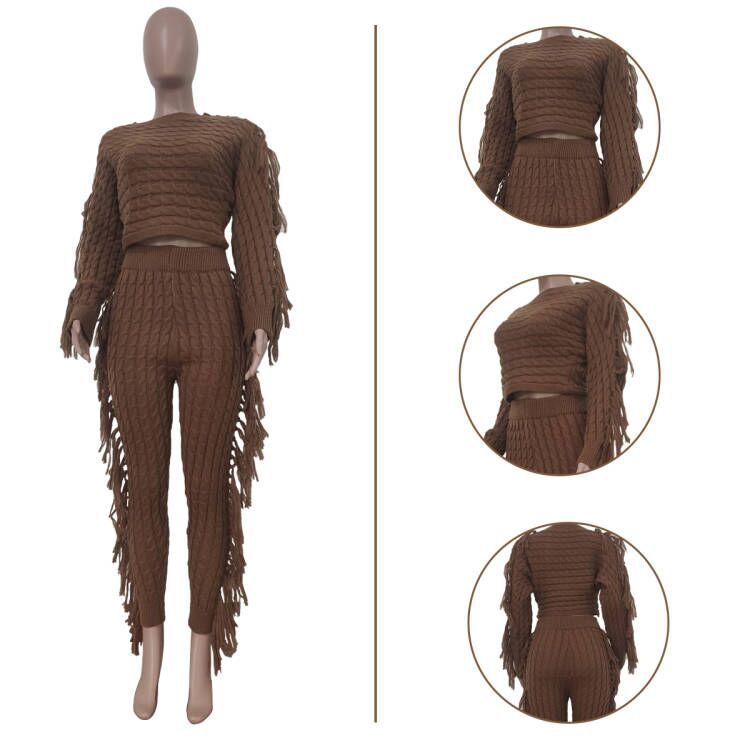 Fashion Knit Tassels Trousers Two-piece Set