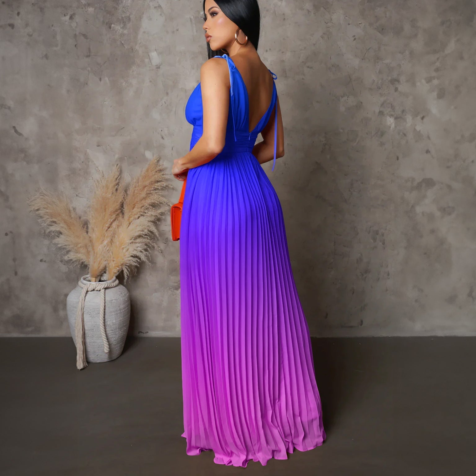 Sexy Gradient Color Pleat Slip Dress