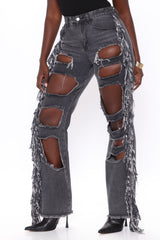 Tassel Ripped Denim Wide Leg Jeans